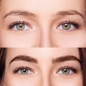 Female eyes closeup before and after eyebrows correction and dying.