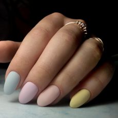 Colorful manicure with multi-colored coating. Long round nails with color matte design.